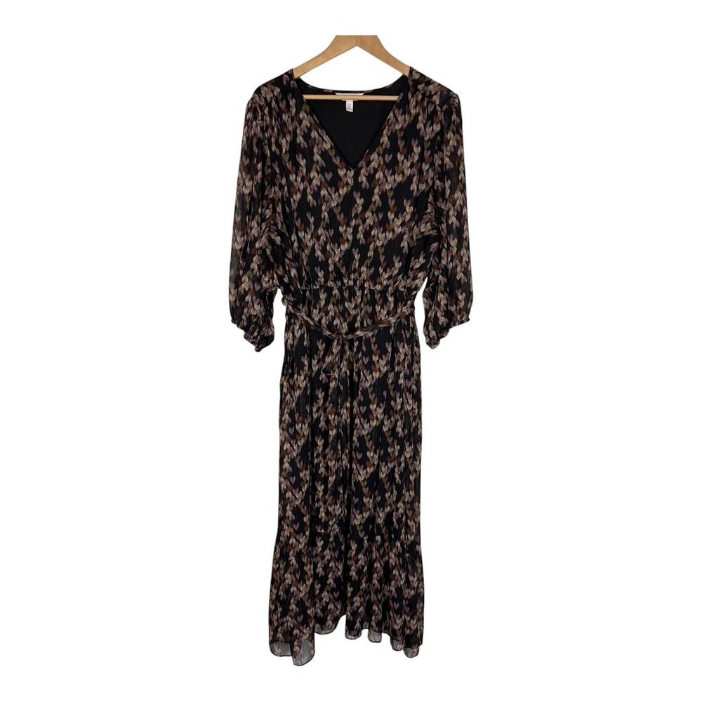 LC Lauren Conrad 3X‎ Plus Metallic Ikat Chiffon Midi Dress Puff Sleeve Black - Picture 4 of 11